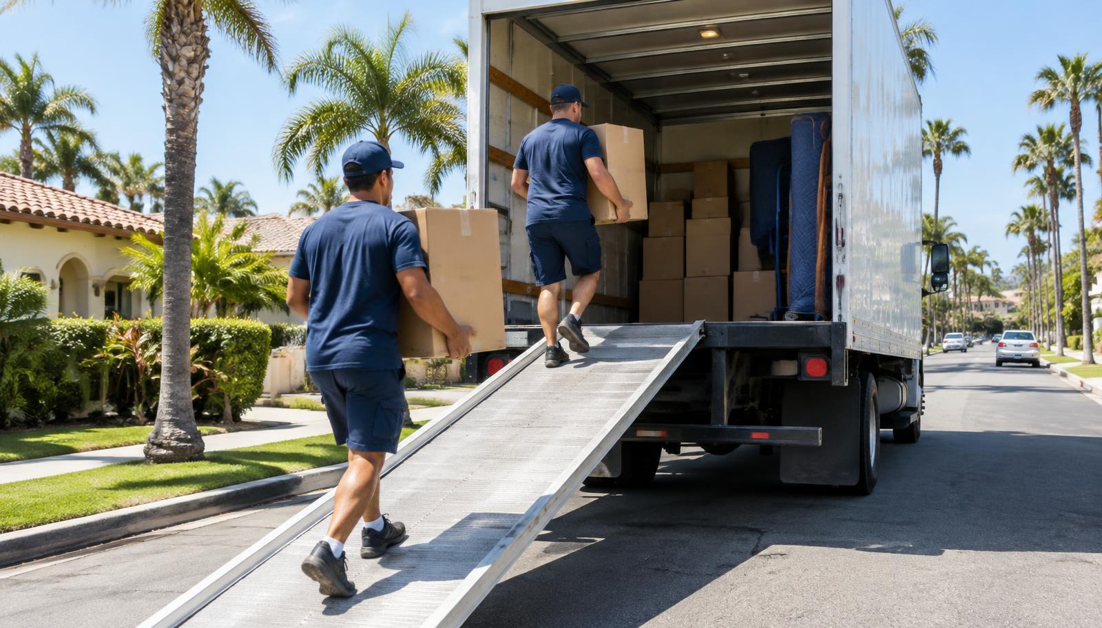 Moving truck being loaded on a sunny residential street